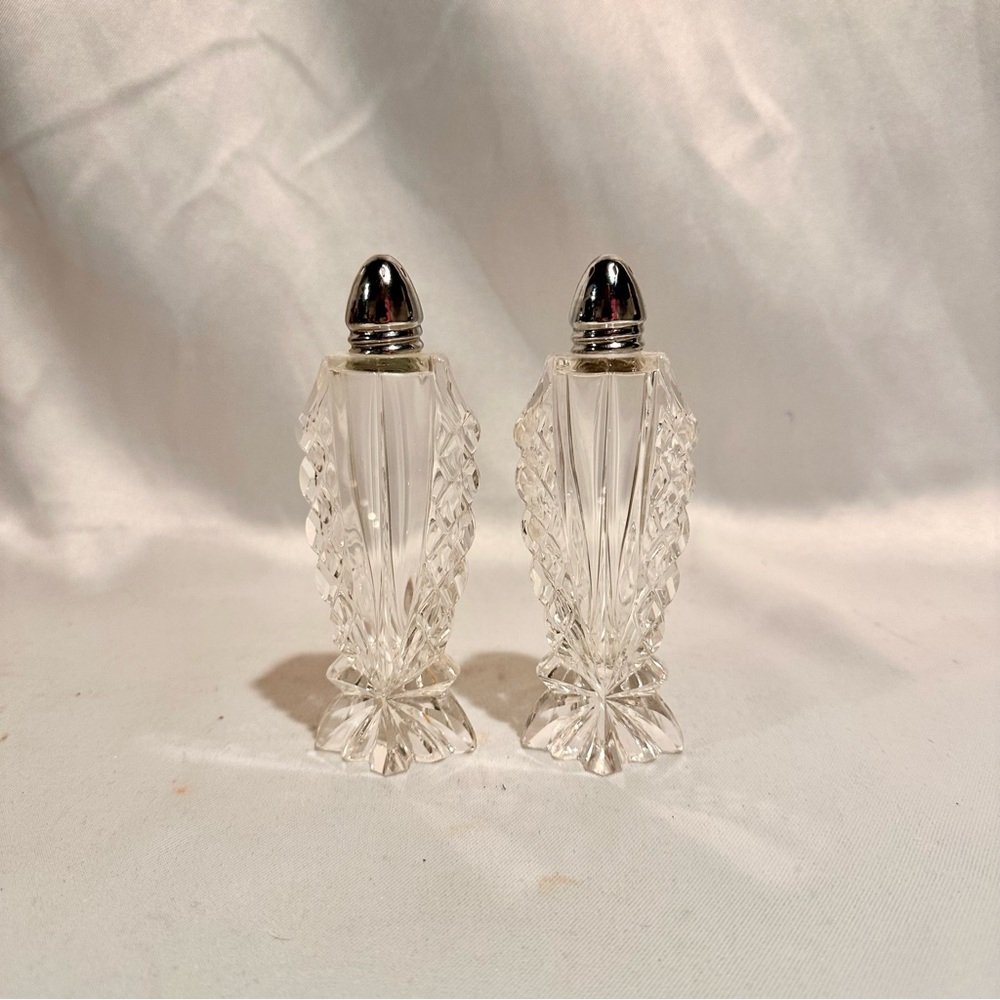 Vintage German Fine Cut Crystal Salt and Pepper Shakers with Silver Tops-A Pair